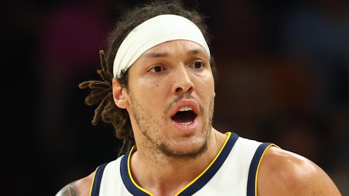 Mar 24, 2026; Phoenix, Arizona, USA; Denver Nuggets forward Aaron Gordon (32) reacts to NBA referee Dannica Baroody against the Phoenix Suns at Mortgage Matchup Center. Mandatory Credit: Mark J. Rebilas-Imagn Images