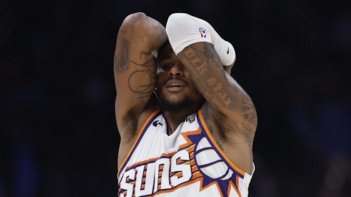 Apr 22, 2026; Oklahoma City, Oklahoma, USA; Phoenix Suns guard Jalen Green (4) reacts after a play against the Oklahoma City Thunder in the second half during game two of the first round of the 2026 NBA Playoffs at Paycom Center. Mandatory Credit: Alonzo Adams-Imagn Images
