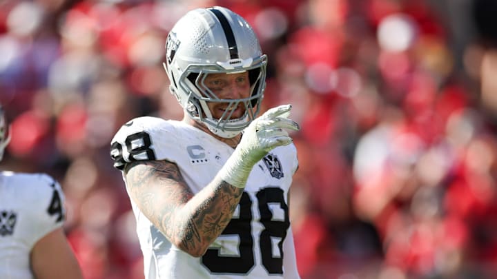 Dec 8, 2024; Tampa, Florida, USA; Las Vegas Raiders defensive end Maxx Crosby (98) celebrates after a sack against the Tampa Bay Buccaneers in the second quarter at Raymond James Stadium. Mandatory Credit: Nathan Ray Seebeck-Imagn Images Dec 8, 2024; Tampa, Florida, USA; Las Vegas Raiders defensive end Maxx Crosby (98) celebrates after a sack against the Tampa Bay Buccaneers in the second quarter at Raymond James Stadium. Mandatory Credit: Nathan Ray Seebeck-Imagn Images