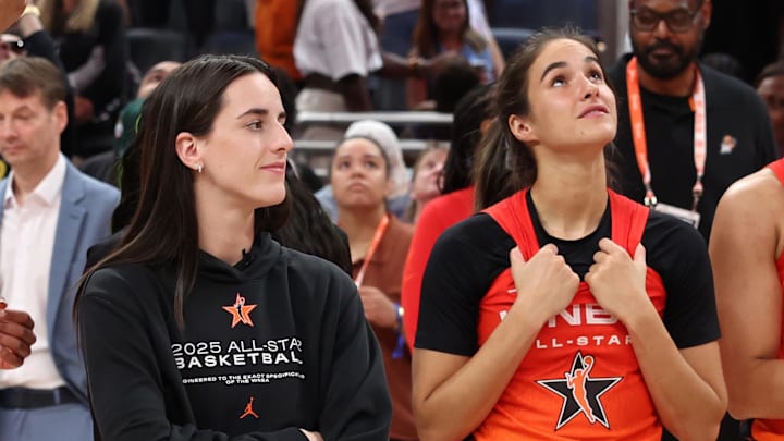 Jul 19, 2025; Indianapolis, IN, USA; Team Clark guard Caitlin Clark (22) looks on after the 2025 WNBA All Star Game at Gainbridge Fieldhouse. Mandatory Credit: Trevor Ruszkowski-Imagn Images