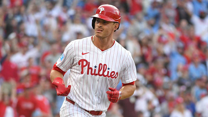 Mar 31, 2025; Philadelphia, Pennsylvania, USA; Philadelphia Phillies outfielder Max Kepler (17) reacts after hitting a home run during the eighth inning against the Colorado Rockiesat Citizens Bank Park. 