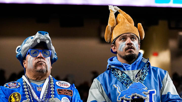 Detroit Lions fans watch warmup ahead of the Green Bay Packers game at Ford Field in Detroit 