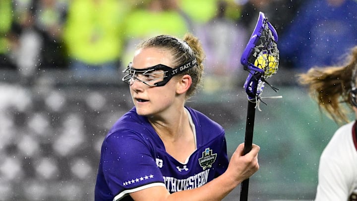May 23, 2025; Foxborough, MA, USA; Northwestern midfielder Emerson Bohlig (45) controls the ball against Boston College during the second half at Gillette Stadium. Mandatory Credit: Eric Canha-Imagn Images