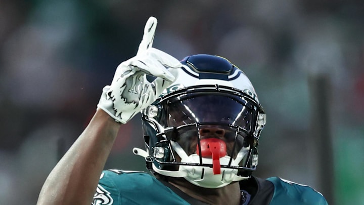 Jan 11, 2026; Philadelphia, PA, USA; Philadelphia Eagles wide receiver A.J. Brown (11) celebrates first down against the San Francisco 49ers during the first quarter in an NFC Wild Card Round game at Lincoln Financial Field. Mandatory Credit: Bill Streicher-Imagn Images