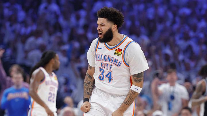 May 26, 2026; Oklahoma City, Oklahoma, USA; Oklahoma City Thunder guard Kenrich Williams (34) reacts after a play during the first quarter against the San Antonio Spurs in game five of the western conference finals for the 2026 NBA playoffs at Paycom Center. Mandatory Credit: Alonzo Adams-Imagn Images May 26, 2026; Oklahoma City, Oklahoma, USA; Oklahoma City Thunder guard Kenrich Williams (34) reacts after a play during the first quarter against the San Antonio Spurs in game five of the western conference finals for the 2026 NBA playoffs at Paycom Center. Mandatory Credit: Alonzo Adams-Imagn Images