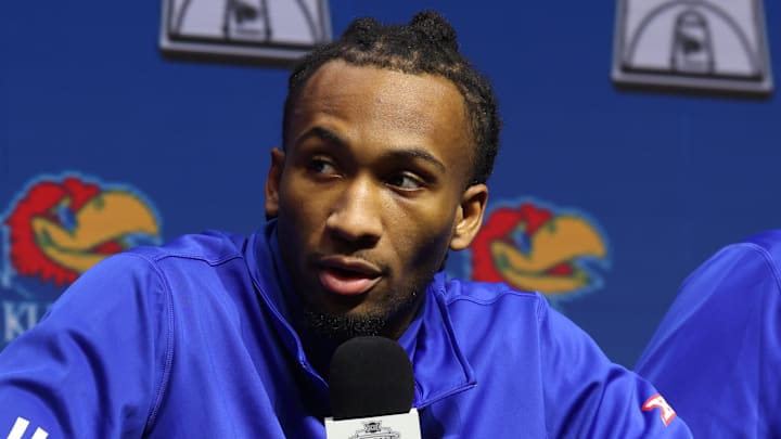 Oct 22, 2025; Kansas City, MO, USA; Kansas guard Darryn Peterson speaks to media during Big 12 Menís Basketball media day at T-Mobile Center. Mandatory Credit: Sophia Scheller-Imagn Images