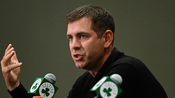 Sep 25, 2025; Boston, MA, USA;  Boston Celtics president of basketball operations Brad Stevens speaks during a press conference at the Auerbach Center. Mandatory Credit: Eric Canha-Imagn Images