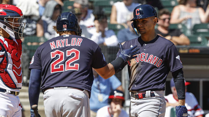 Jul 30, 2023; Chicago, Illinois, USA; Cleveland Guardians second baseman Andres Gimenez (R) celebrates with first baseman Josh Naylor (22) after scoring against the Chicago White Sox during the seventh inning at Guaranteed Rate Field. Mandatory Credit: Kamil Krzaczynski-Imagn Images Jul 30, 2023; Chicago, Illinois, USA; Cleveland Guardians second baseman Andres Gimenez (R) celebrates with first baseman Josh Naylor (22) after scoring against the Chicago White Sox during the seventh inning at Guaranteed Rate Field. Mandatory Credit: Kamil Krzaczynski-Imagn Images