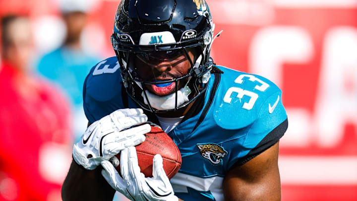 Jacksonville Jaguars running back Bhayshul Tuten (33) returns a kick off return during the first quarter in an NFL football AFC Wild Card playoff matchup, Sunday, Jan. 11, 2026, in Jacksonville, Fla. Bills lead 10-7 at the half over the Jaguars. Jacksonville Jaguars running back Bhayshul Tuten (33) returns a kick off return during the first quarter in an NFL football AFC Wild Card playoff matchup, Sunday, Jan. 11, 2026, in Jacksonville, Fla. Bills lead 10-7 at the half over the Jaguars.