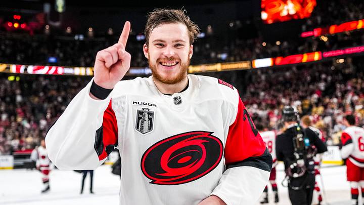 June 14, 2026: Hurricanes defenseman Alexander Nikishin celebrates following Carolina's 3-0 victory in Game Six of the Stanley Cup Final at T-Mobile Arena in Las Vegas, Nevada.