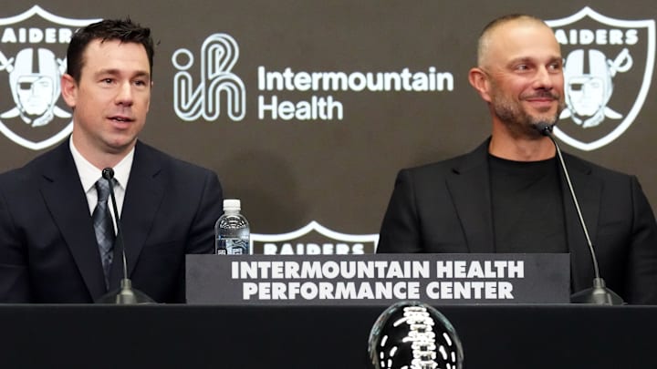 Feb 10, 2026; Henderson, NV, USA; Las Vegas Raiders coach Klint Kubiak (left) and general manager John Spytek at introductory press conference at Intermountain Health Performance Center. Mandatory Credit: Kirby Lee-Imagn Images