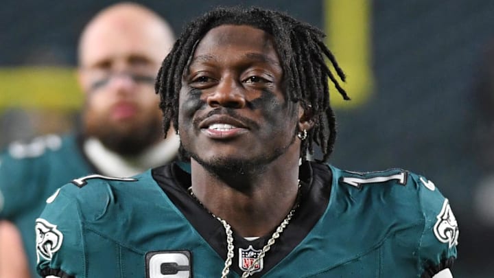 Dec 15, 2024; Philadelphia, Pennsylvania, USA;  Philadelphia Eagles wide receiver A.J. Brown (11) smiles as he walks off the field after win against the Pittsburgh Steelers at Lincoln Financial Field. Mandatory Credit: Eric Hartline-Imagn Images