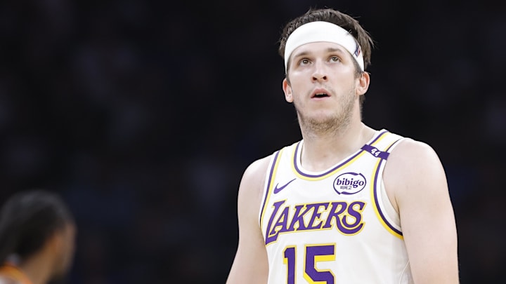 Apr 6, 2025; Oklahoma City, Oklahoma, USA; Los Angeles Lakers guard Austin Reaves (15) looks down court against the Oklahoma City Thunder during the second quarter at Paycom Center. Mandatory Credit: Alonzo Adams-Imagn Images