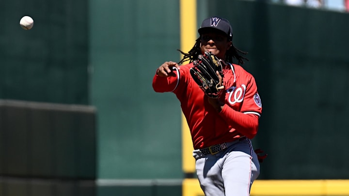 Mar 14, 2025; North Port, Florida, USA; Washington Nationals shortstop CJ Abrams (5) throws to first base in the second inning against the Atlanta Braves during spring training at CoolToday Park. Mar 14, 2025; North Port, Florida, USA; Washington Nationals shortstop CJ Abrams (5) throws to first base in the second inning against the Atlanta Braves during spring training at CoolToday Park.