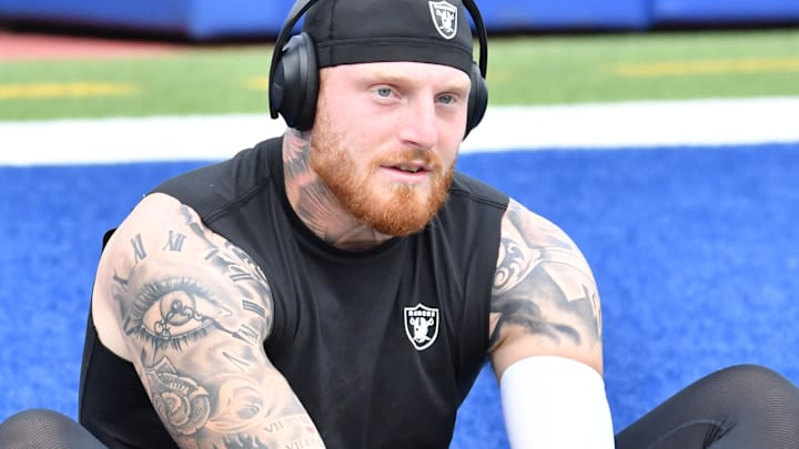 Las Vegas Raiders defensive end Maxx Crosby warms up before a game against the Buffalo Bills.