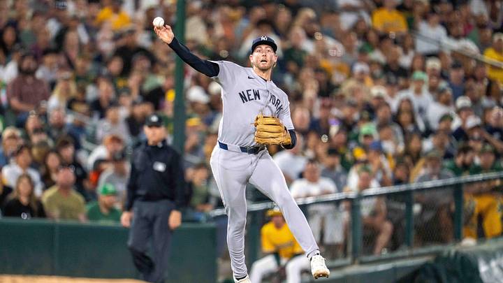 May 30, 2026; West Sacramento, California, USA; New York Yankees third baseman Ryan McMahon (19) throws out Athletics catcher Shea Langeliers (not pictured) during the seventh inning at Sutter Health Park. Mandatory Credit: Neville E. Guard-Imagn Images