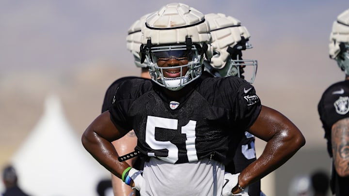 Jul 28, 2022; Las Vegas, Nevada, US; Las Vegas Raiders defensive end Malcolm Koonce (51) during training camp at Intermountain Healthcare Performance Center. Mandatory Credit: Lucas Peltier-Imagn Images Jul 28, 2022; Las Vegas, Nevada, US; Las Vegas Raiders defensive end Malcolm Koonce (51) during training camp at Intermountain Healthcare Performance Center. Mandatory Credit: Lucas Peltier-Imagn Images