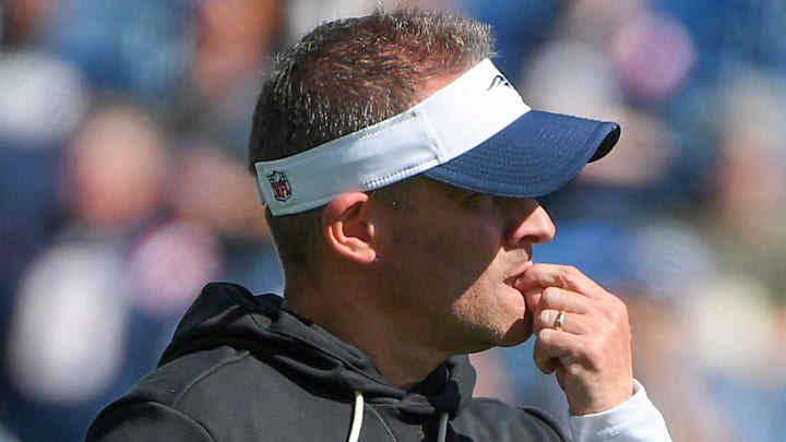 Sep 28, 2025; Foxborough, Massachusetts, USA; New England Patriots offensive coordinator Josh McDaniels during warmups prior to a game against the Carolina Panthers at Gillette Stadium. Mandatory Credit: Bob DeChiara-Imagn Images