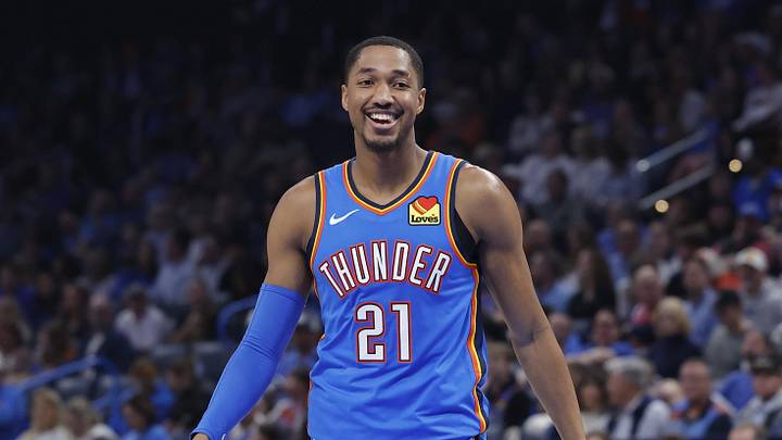 Nov 2, 2025; Oklahoma City, Oklahoma, USA; Oklahoma City Thunder guard Aaron Wiggins (21) during New Orleans Pelicans free-throws during the second quarter at Paycom Center. Mandatory Credit: Alonzo Adams-Imagn Images