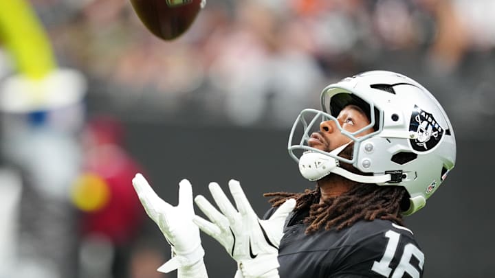 Sep 28, 2025; Paradise, Nevada, USA; Las Vegas Raiders wide receiver Jakobi Meyers (16) warms up prior to the game against the Chicago Bears at Allegiant Stadium. Mandatory Credit: Stephen R. Sylvanie-Imagn Images