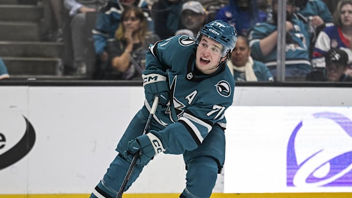 Dec 20, 2025; San Jose, California, USA; San Jose Sharks center Macklin Celebrini (71) takes a shot on goal against against the Seattle Kraken during the second period at SAP Center at San Jose. Mandatory Credit: Justine Willard-Imagn Images