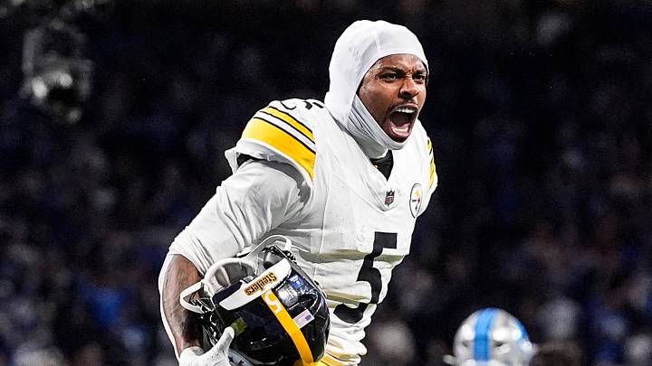 Pittsburgh Steelers cornerback Jalen Ramsey (5) celebrates 29-24 against Detroit Lions at Ford Field in Detroit on Sunday, Dec. 21, 2025. Pittsburgh Steelers cornerback Jalen Ramsey (5) celebrates 29-24 against Detroit Lions at Ford Field in Detroit on Sunday, Dec. 21, 2025.