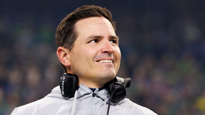 Mike Macdonald of the Seattle Seahawks smiles