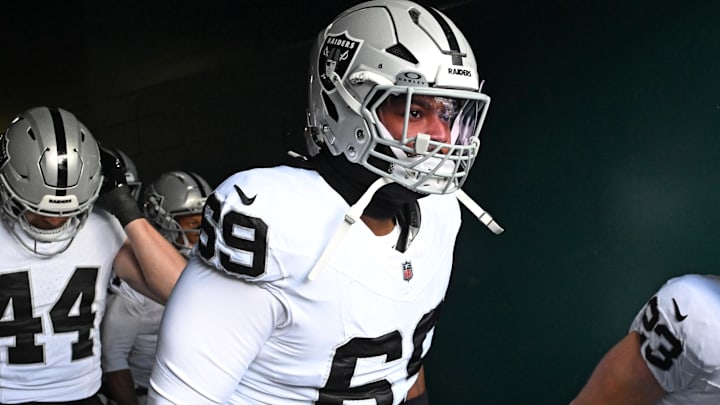Dec 14, 2025; Philadelphia, Pennsylvania, USA; Las Vegas Raiders defensive tackle Adam Butler (69) in the tunnel against the Philadelphia Eagles at Lincoln Financial Field. Mandatory Credit: Eric Hartline-Imagn Images Dec 14, 2025; Philadelphia, Pennsylvania, USA; Las Vegas Raiders defensive tackle Adam Butler (69) in the tunnel against the Philadelphia Eagles at Lincoln Financial Field. Mandatory Credit: Eric Hartline-Imagn Images