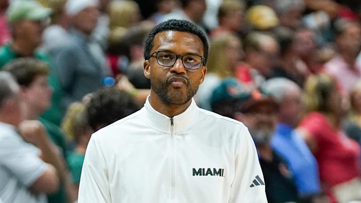 Mar 7, 2026; Coral Gables, Florida, USA; Miami Hurricanes head coach Jai Lucas reacts in a game against the Louisville Cardinals during the second half at Watsco Center. Mandatory Credit: Jeff Romance-Imagn Images