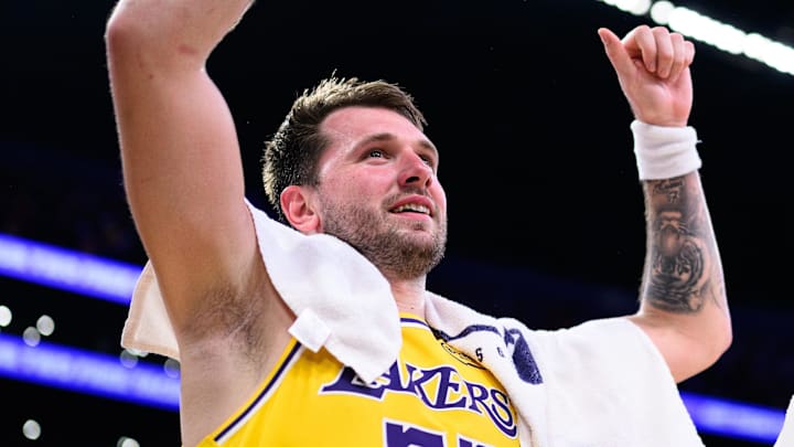 Mar 14, 2026; Los Angeles, California, USA; Los Angeles Lakers guard Luka Doncic (77) gestures after scoring a game winning shot during overtime against the Denver Nuggets at Crypto.com Arena. Mandatory Credit: William Liang-Imagn Images Mar 14, 2026; Los Angeles, California, USA; Los Angeles Lakers guard Luka Doncic (77) gestures after scoring a game winning shot during overtime against the Denver Nuggets at Crypto.com Arena. Mandatory Credit: William Liang-Imagn Images