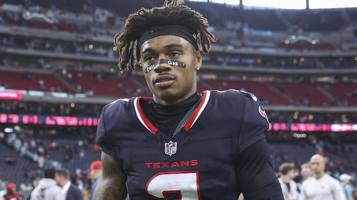 Dec 15, 2024; Houston, Texas, USA; Houston Texans wide receiver Tank Dell (3) walks off the field after the game against the Miami Dolphins at NRG Stadium. Mandatory Credit: Troy Taormina-Imagn Images
