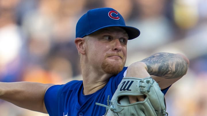 Jul 9, 2025; Minneapolis, Minnesota, USA; Chicago Cubs starting pitcher Cade Horton (22) delivers a pitch against the Minnesota Twins in the first inning at Target Field. 