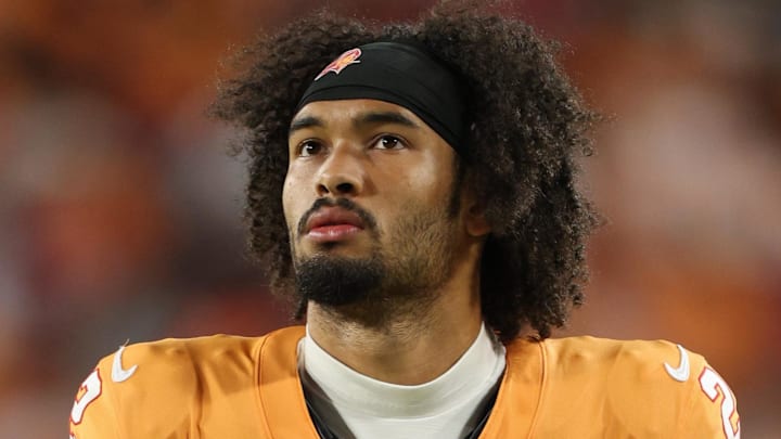 Dec 11, 2025; Tampa, Florida, USA; Tampa Bay Buccaneers wide receiver Emeka Egbuka (2) looks on against the Atlanta Falcons during the first quarter at Raymond James Stadium. Mandatory Credit: Nathan Ray Seebeck-Imagn Images
