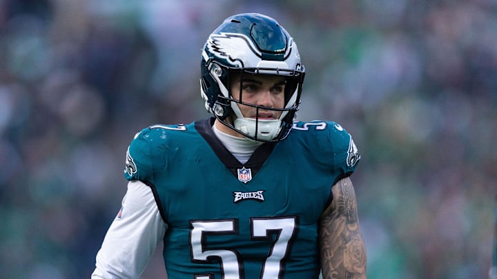 Dec 31, 2023; Philadelphia, Pennsylvania, USA; Philadelphia Eagles linebacker Ben VanSumeren (57) in a game against the Arizona Cardinals at Lincoln Financial Field. Mandatory Credit: Bill Streicher-Imagn Images Dec 31, 2023; Philadelphia, Pennsylvania, USA; Philadelphia Eagles linebacker Ben VanSumeren (57) in a game against the Arizona Cardinals at Lincoln Financial Field. Mandatory Credit: Bill Streicher-Imagn Images