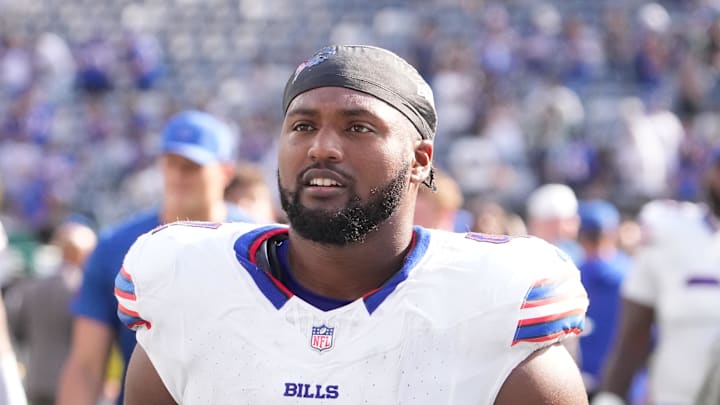 Sep 14, 2025; East Rutherford, New Jersey, USA;  Buffalo Bills fullback Reggie Gilliam (41) after the game against the New York Jets at MetLife Stadium. Mandatory Credit: Robert Deutsch-Imagn Images
