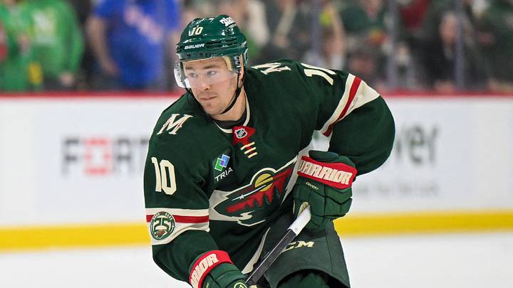 Mar 21, 2026; Saint Paul, Minnesota, USA;  Minnesota Wild forward Bobby Brink (10) controls the puck against the Dallas Stars in overtime at Grand Casino Arena. Mandatory Credit: Nick Wosika-Imagn Images