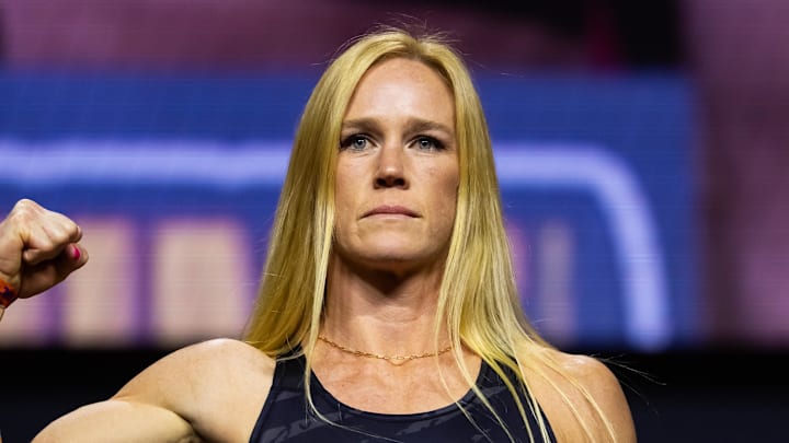 Holly Holm during ceremonial weigh-ins for UFC 300 at MGM Grand Garden Arena.