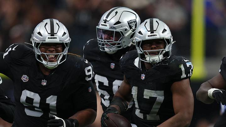 Oct 25, 2026; Paradise, Nevada, USA;  Las Vegas Raiders linebacker Nakobe Dean (17) reacts after an interception in the second half at Allegiant Stadium.  Mandatory Credit: David Brytus-Imagn Images