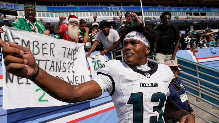 Philadelphia Eagles wide receiver Dontayvion Wicks (13) celebrates after the Eagles’ victory over the Tennessee Titans at Nissan Stadium in Nashville, Tenn., Sunday, Sept. 20, 2026.