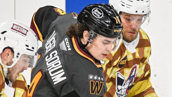 Milwaukee Admirals forwards Kieffer Bellows (22) and Chase De Leo (95) squeeze Chicago Wolves right wing Felix Unger Sorum (14) in a game Friday, April 18, 2025, at the UW-Milwaukee Panther Arena in Milwaukee, Wisconsin.