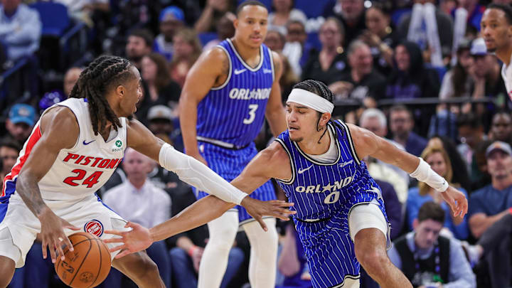 Apr 6, 2026; Orlando, Florida, USA; Orlando Magic guard Anthony Black (0) defends Detroit Pistons guard Daniss Jenkins (24) during the second half at Kia Center. Mandatory Credit: Mike Watters-Imagn Images Apr 6, 2026; Orlando, Florida, USA; Orlando Magic guard Anthony Black (0) defends Detroit Pistons guard Daniss Jenkins (24) during the second half at Kia Center. Mandatory Credit: Mike Watters-Imagn Images