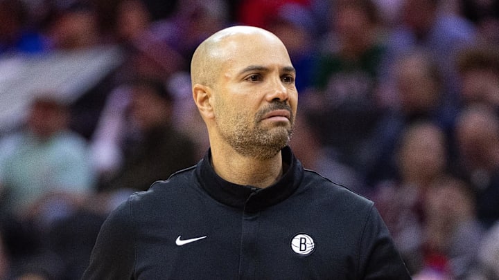 Dec 23, 2025; Philadelphia, Pennsylvania, USA; Brooklyn Nets head coach Jordi Fernandez looks on during the first quarter against the Philadelphia 76ers at Xfinity Mobile Arena. Mandatory Credit: Bill Streicher-Imagn Images