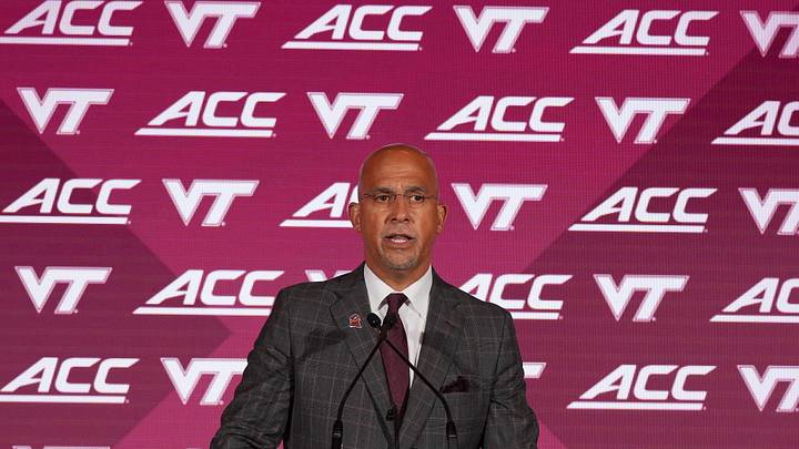 Jul 16, 2026; Charlotte, NC, USA; Virginia Tech head coach James Franklin speaks to the media during Media Day. Jul 16, 2026; Charlotte, NC, USA; Virginia Tech head coach James Franklin speaks to the media during Media Day.