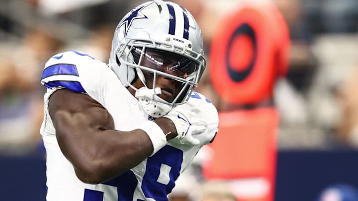 Sep 14, 2025; Arlington, Texas, USA; Dallas Cowboys linebacker Kenneth Murray Jr. (59) reacts after a play against the New York Giants during the second quarter at AT&T Stadium. Sep 14, 2025; Arlington, Texas, USA; Dallas Cowboys linebacker Kenneth Murray Jr. (59) reacts after a play against the New York Giants during the second quarter at AT&T Stadium.