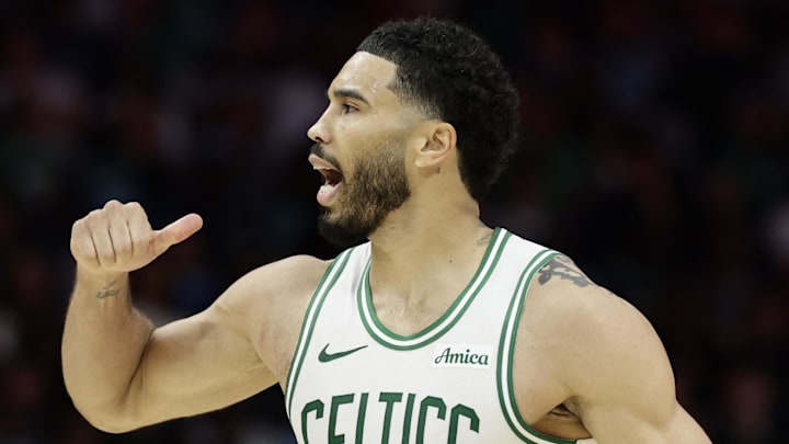 Mar 29, 2026; Charlotte, North Carolina, USA; Boston Celtics forward/guard Jayson Tatum (0) reacts to the crowd after making a basket during the second half against the Charlotte Hornets at Spectrum Center. Mandatory Credit: Brian Westerholt-Imagn Images Mar 29, 2026; Charlotte, North Carolina, USA; Boston Celtics forward/guard Jayson Tatum (0) reacts to the crowd after making a basket during the second half against the Charlotte Hornets at Spectrum Center. Mandatory Credit: Brian Westerholt-Imagn Images