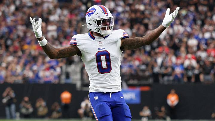 Buffalo Bills wide receiver Keon Coleman reacts in the fourth quarter against the Las Vegas Raiders at Allegiant Stadium. Buffalo Bills wide receiver Keon Coleman reacts in the fourth quarter against the Las Vegas Raiders at Allegiant Stadium.