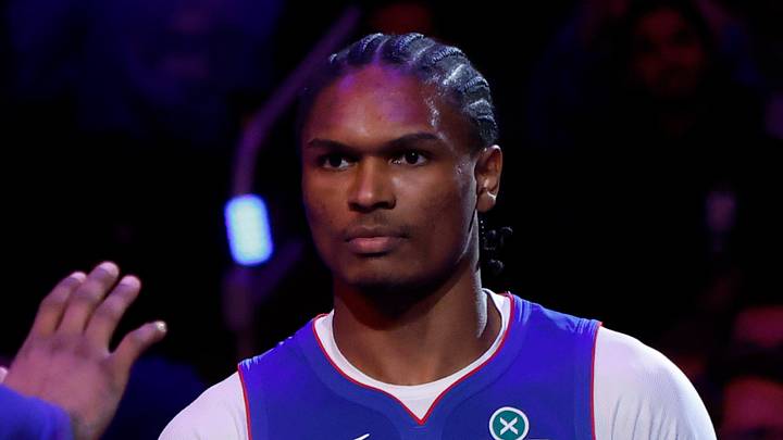 May 13, 2026; Detroit, Michigan, USA; Detroit Pistons guard Ausar Thompson (9) during player introductions before the game against the Cleveland Cavaliers during game five of the second round of the 2026 NBA Playoffs at Little Caesars Arena. Mandatory Credit: Rick Osentoski-Imagn Images