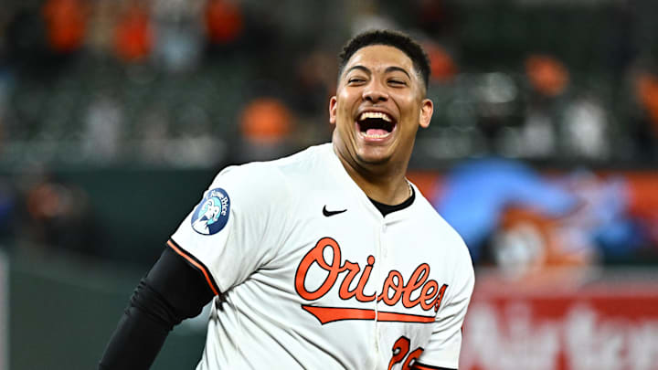 Sep 9, 2025; Baltimore, Maryland, USA;  Baltimore Orioles catcher Samuel Basallo (29) celebrates hitting a walk off rbi single during the tenth inning against the Pittsburgh Pirates at Oriole Park at Camden Yards. Mandatory Credit: James A. Pittman-Imagn Images