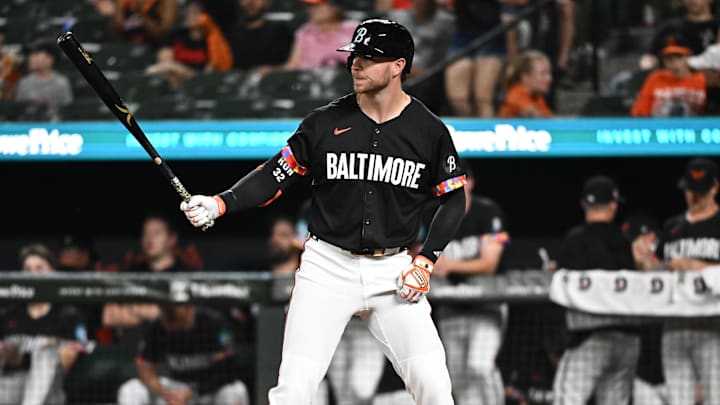 Jul 25, 2025; Baltimore, Maryland, USA;  Baltimore Orioles pinch hitter Ryan O'Hearn (32) stands at bat during the eighth inning against the Colorado Rockies at Oriole Park at Camden Yards. 