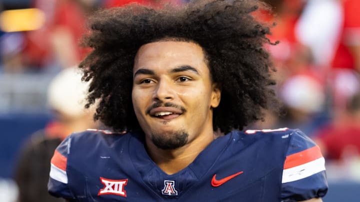 Nov 8, 2025; Tucson, Arizona, USA; Arizona Wildcats defensive back Treydan Stukes (2) celebrates after defeating the Kansas Jayhawks at Arizona Stadium. Mandatory Credit: Mark J. Rebilas-Imagn Images